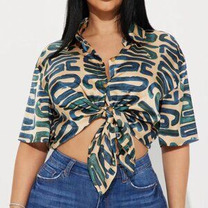 FASHION NOVA MEET ME HALFWAY SATIN SHIRT - TAUPE/COMBO SIZE MEDIUM NWOT